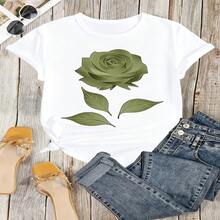 Green Rose Graphic T-Shirt, 100% Cotton Oversized Soft Breathable Casual Crewneck Short Sleeve Top, Romantic Aesthetic Summer Vibes Tee For Women & Nature Lovers - 白色 - 查看 12