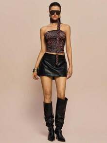 Top de bandeau fruncida con estampado de leopardo y bufanda - Café integral 2 - Ver 6
