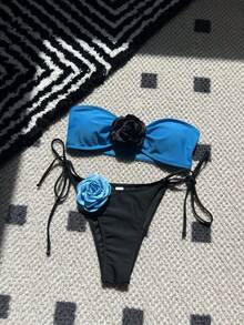 Bikini sin tirantes de dos tonos color rosa con cordón ajustable y tirantes de lazo bikini9149 - azul del lago - Ver 1