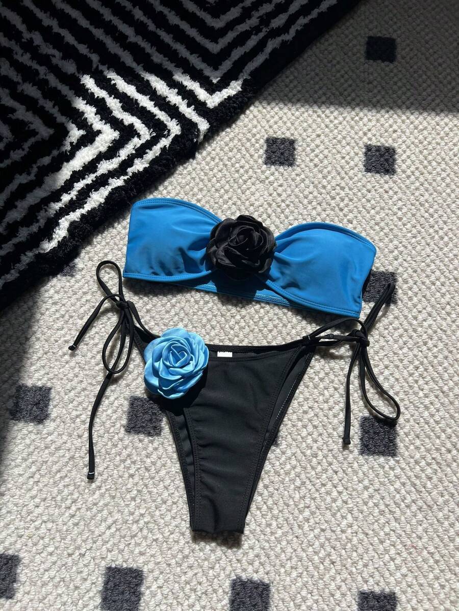 Bikini sin tirantes de dos tonos color rosa con cordón ajustable y tirantes de lazo bikini9149 - azul del lago - Ver 1