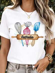 NEW White T-Shirt With Baking Utensil Print And Name Nathalie For Women, Casual Clothing - Vintage Urban Style, Unisex, Cotton, Short Sleeve, Round Neck - 白色 - 查看 1