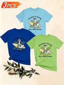 Women's T-Shirts, Women's T-Shirts, Funny One-Piece Casual T-Shirt With A Cartoon Goose Pattern With Sunglasses And A Surfboard, English Slogan "Normal Is Boring, Be A Fool", Comfortable Top. - 1件黑色隨機圖案 - 查看 6