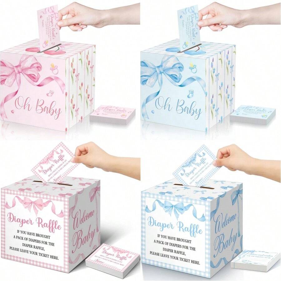 51pcs Bow Raffle Tickets Gift Box Set, Baby Shower Blessing Cards, Suitable For Baby Shower, Bow Theme Party And Gender Reveal Party - Blue-1 - View 1