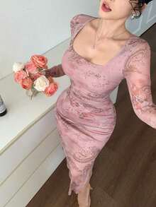 Vestido con estampado floral de primavera y verano, vestido elegante de manga larga transparente con dobladillo de sirena ajustado para festival de música, boda, fiesta, vestido de paseo - Rosa - Ver 9