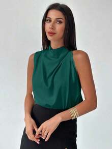 Blusa asimétrica plisada de color albaricoque, elegante y de moda para uso diario, oficina, vacaciones y festivales de música, primavera/verano - Verde Oscuro - Ver 3