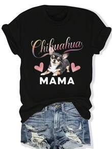 Plus Size T-Shirt For Women "Chihuahua Mama" - Light Gray With Chihuahua And Heart Design, Machine Washable Casual Clothing For Dog Lovers, Fun And Soft Shirt For Dog Moms, Quality Print, Animal Theme - 黑色 - 查看 1