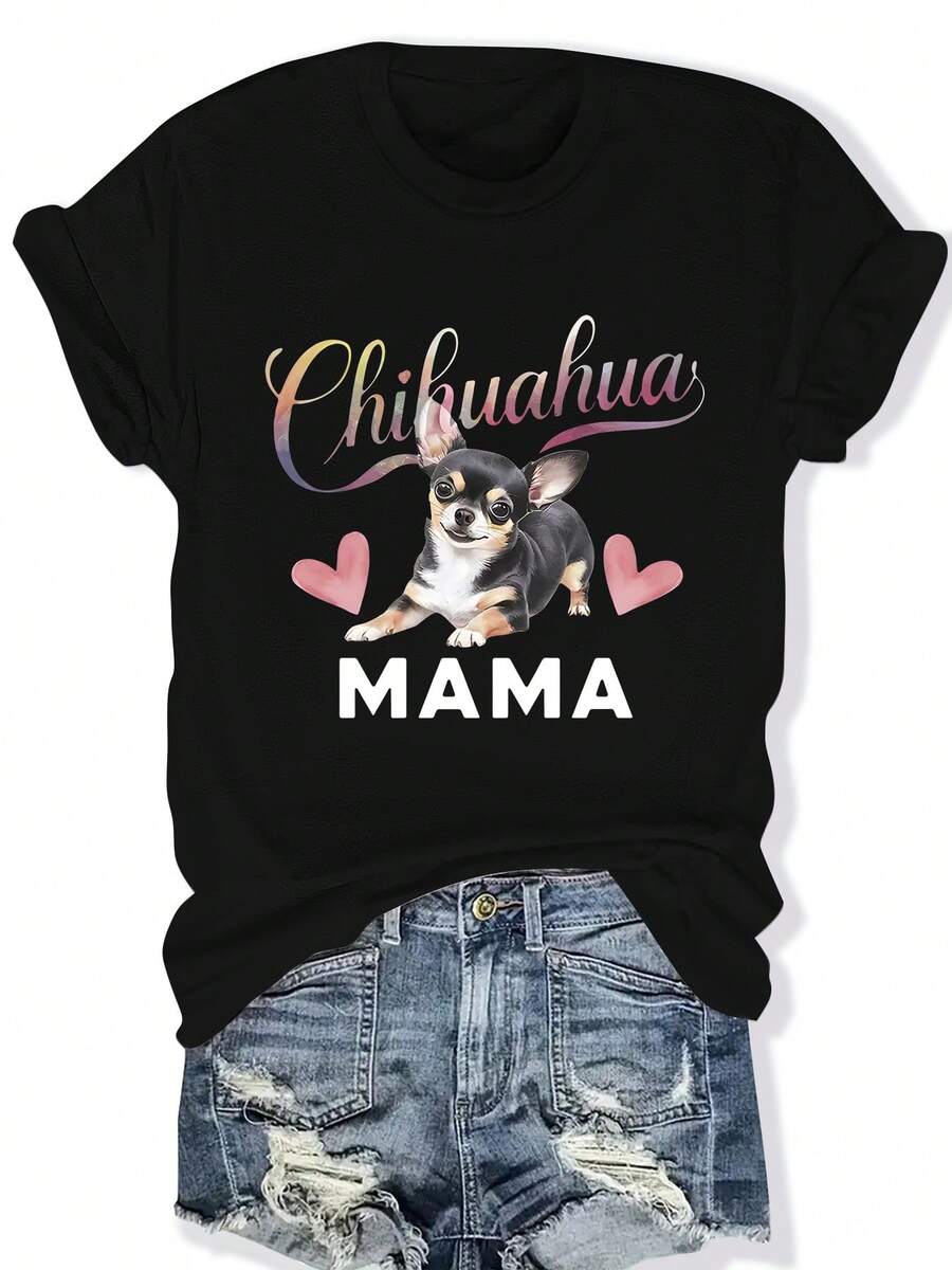 Plus Size T-Shirt For Women "Chihuahua Mama" - Light Gray With Chihuahua And Heart Design, Machine Washable Casual Clothing For Dog Lovers, Fun And Soft Shirt For Dog Moms, Quality Print, Animal Theme - 黑色 - 查看 1