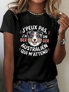 One Piece, Classic And Versatile, Pure Cotton Short-Sleeved T-Shirt, Suitable For Any Season. The Feminine Design Features A Stylish Australian Shepherd. - 黑色 - 查看 1