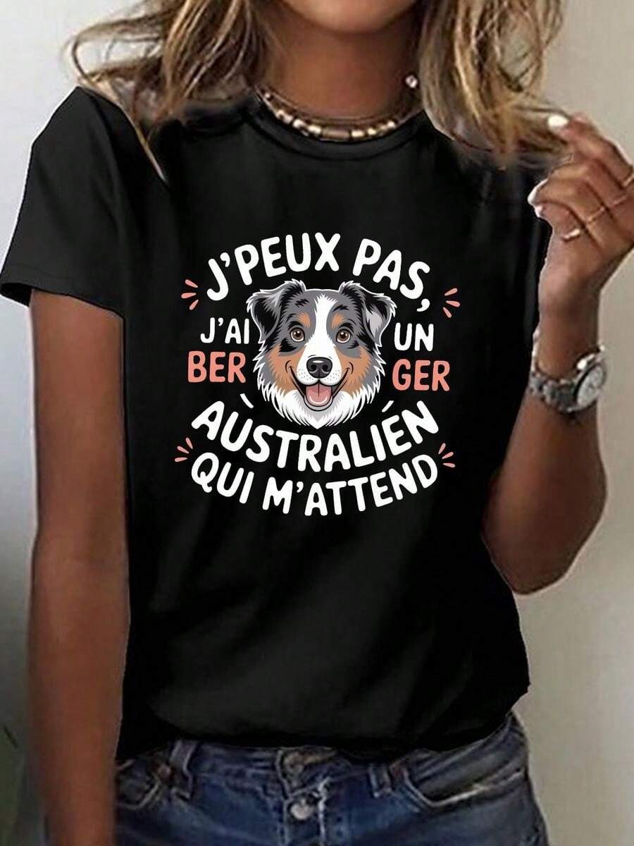 One Piece, Classic And Versatile, Pure Cotton Short-Sleeved T-Shirt, Suitable For Any Season. The Feminine Design Features A Stylish Australian Shepherd. - 黑色 - 查看 1