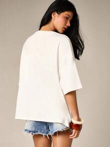 Blusa casual con cuello redondo de manga corta, con tema de océano, con conchas marinas, cuentas y strass para mujer - Blanco - Ver 3