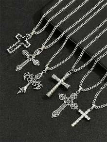 6pcs/Set Men's Vintage Coptic Cross Pendant Necklace Set, Stainless Steel Versatile Neck Jewelry, Exquisite Accessory For Daily Wear And Parties, Street Style Ornament, Unique And Personal Gift Idea - 6pcs/set - View 3