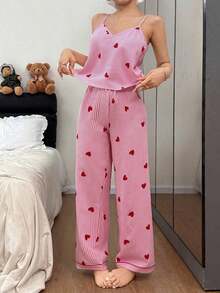 Conjunto de pijama de camiseta de tirantes y pantalones con estampado de corazones a rayas y efecto arrugado para mujer - Rosa - Ver 2