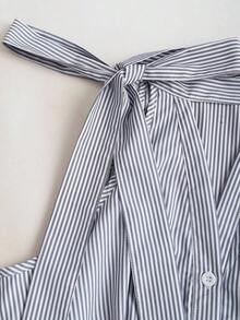 Blusa de mujer de nueva llegada sin mangas con lazo en la cintura y rayas ajustada - Azul marino - Ver 3