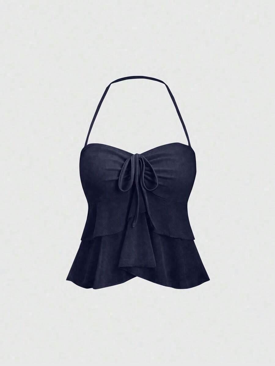 Top de tirantes de cuello halter de unicolor, uso diario simple, estilo Y2K para mujer - Azul marino - Ver 1