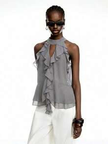 Top halter elegante de unicolor con volantes para mujer - Gris - Ver 2