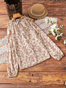 Camisa casual de hombro abierto para mujer con mangas de linterna y estampado floral pequeño, para primavera/verano - Albaricoque - Ver 2
