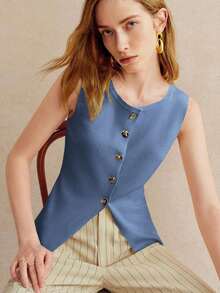 Knit Blouse – Round Neck, Front Buttons – Elegant And Minimalist Design – Perfect For Everyday Wear - 藍霧 - 查看 3