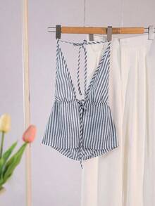 Parte superior de camisa de tirantes con cuello halter a rayas, camiseta de gráficos de verano para mujer - Gris Claro - Ver 4
