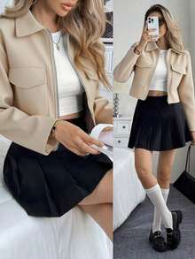 Women's Solid Color Long Sleeve Short Jacket With Utility Pockets, Spring And Autumn Clothing For Women - Apricot - View 1