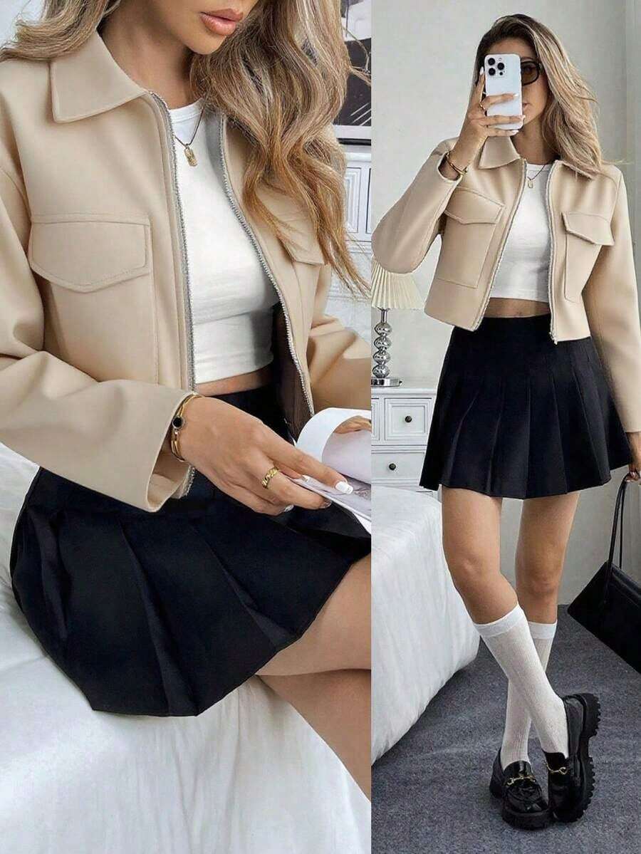Women's Solid Color Long Sleeve Short Jacket With Utility Pockets, Spring And Autumn Clothing For Women - Apricot - View 1