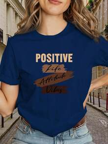 Y2K Style T-Shirt For Women With Oversized Geometric Logo Print And "Positive Lifestyle Attitude, Brown Letters" Design - Slim Fit Short Sleeve Top, Casual Summer Shirt In Black And Gold, Machine Washable Stretch Fabric (Anti-Wrinkle) - 100% Cotton. - 黑色 - 查看 5