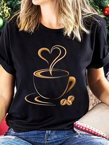 Women's Oversized T-Shirt With Coffee Bean And Heart Print - Round Neck, Short Sleeve, Loose And Soft Fit, Breathable, Suitable For All Seasons, Casual Daily Wear, Machine Washable, Comfortable And Not See-Through In Neutral Tones - 黑色 - 查看 7