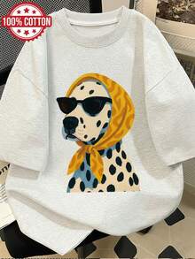 Ropa de primavera/verano para mujer, estilo pintado a mano, estampado dálmata, pañuelo para la cabeza, gafas de moda, a la moda, corte holgado, manga corta, cuello redondo, estampado, camiseta de gran tamaño con hombros caídos, SuK - Gris Claro - Ver 6
