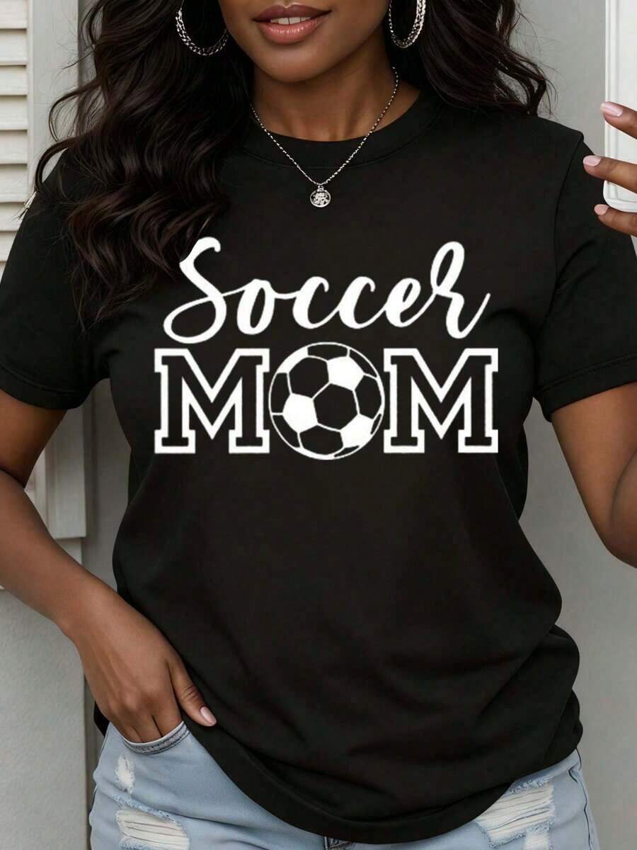 1 Piece Women's Round Neck T-Shirt With Graphic Print "Soccer Mom", Soft, Comfortable And Breathable Fabric, Versatile And Practical Design For All Seasons, Elegant Fashion For Women, Soft Texture, Casual And Sporty Style, Perfect For Leisure Activities, Essential Garment For Holidays, 180g 100% Cotton. - 黑色 - 查看 1