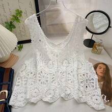 Camiseta sin mangas de ganchillo para mujer, Top corto sin mangas de trabajo abierto, blusa de punto, traje de vacaciones bohemio - BLANCO - Ver 4