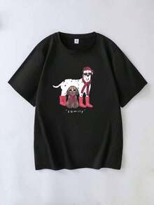 Short-Sleeved T-Shirt With A Cartoon Puppy Print, Loose And Casual Fit, Suitable For School, Holidays And Shopping Outfits, Back To School, Suitable For Both Men And Women, Street Style, Suitable For School, Holidays, Shopping, Sports And Other Occasions - 黑色 - 查看 2