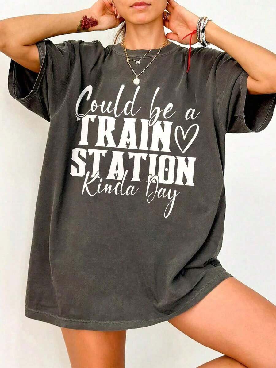 Plus Size Women's Loose-Fitting, Mid-Length, Crew Neck Short-Sleeve T-Shirt With Star, Moon And Sun Print - 深灰色 2 - 查看 1