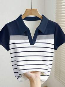 Blusa casual de mujer con cuello polo a rayas y manga corta - Blanco 4 - Ver 5