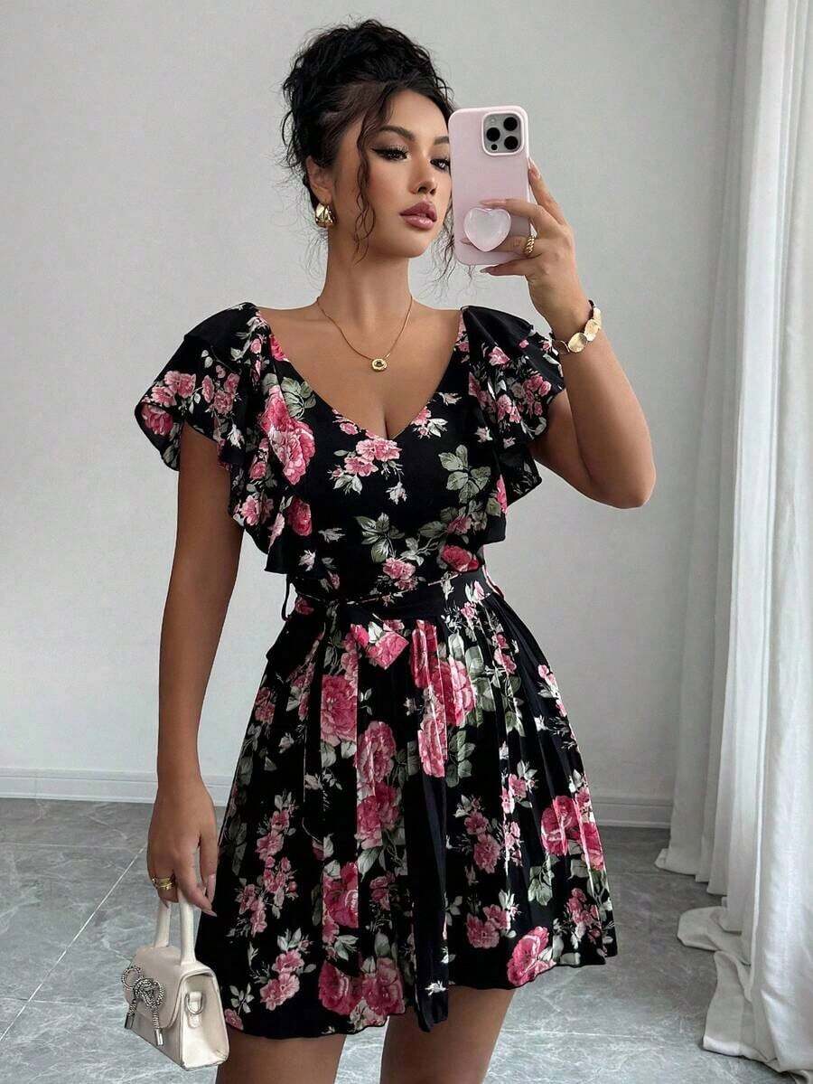 Vestido elegante y romántico para vacaciones con cuello en V con volantes, cintura ceñida y estampado de lunares en forma de línea A para mujeres - Multicolor - Ver 1