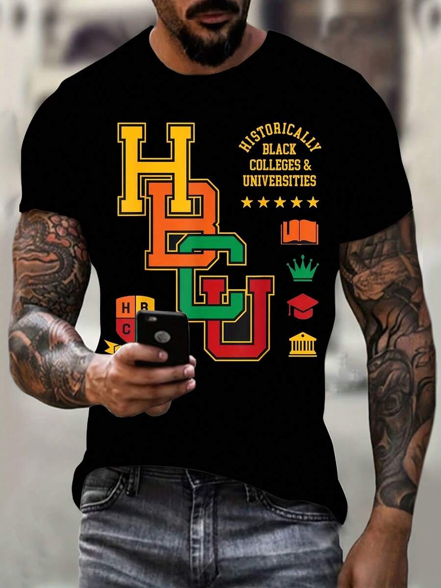 Camiseta de Manga Corta con Estampado 3D para Hombres, Alumni de Universidades Históricamente Negras (HBCU), Suave y Transpirable, Adecuada para Todas las Estaciones, Ropa Deportiva Cómoda y Casual - Negro - Ver 1