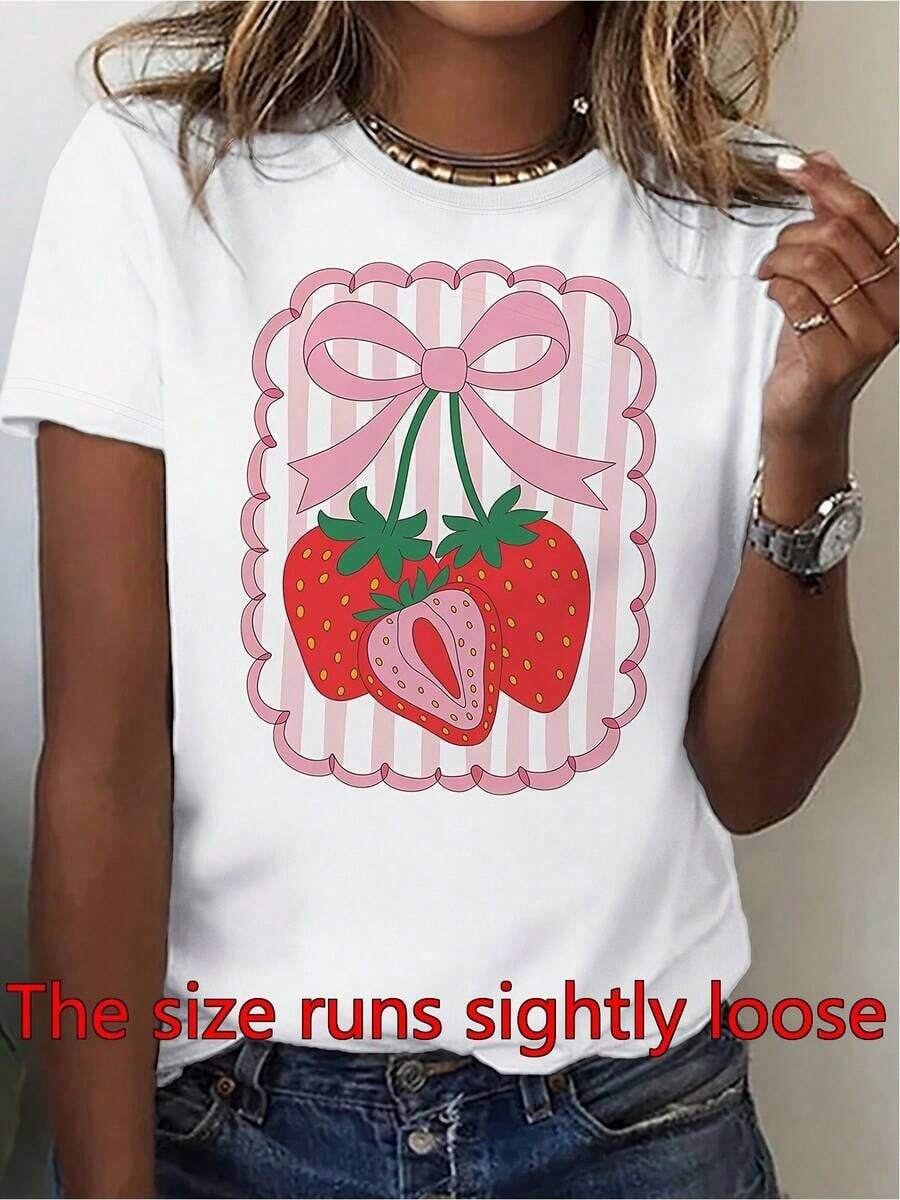 Camiseta de impresión de fresa de las mujeres con arco rosa y rayas de manga corta superior - camiseta ligera transpirable cuello redondo blusa-compatible para lrimavera verano desgaste casual, camiseta de fresa regalo adecuado para, lavable en la máquina - Blanco - Ver 1