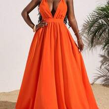 Slayr Women's Sexy Solid Orange Deep V-Neck Backless Cross Tied Long Dress, Summer Vacation - Rosa - Ver 4
