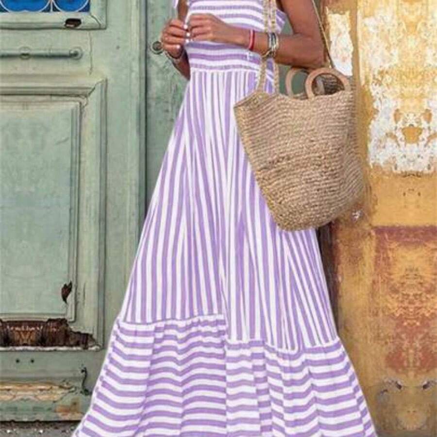 Women's Shoulder Strap Chest Gathered Striped Dress Maxi Vacation Beach Outfit - Púrpura malva - Ver 1