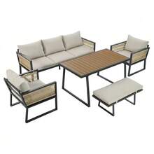 Garden Dining Set, Garden Lounger Set, 5-Piece Garden Furniture Set, 3-Seater Sofa, 2 Armchairs, Stool And Dining Table, Plastic Wood Tabletop, Braided Rope Armrests, Galvanized Steel, Beige - 米色 - 查看 10