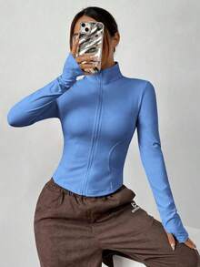 Chaqueta de manga larga de punto ajustada con protección solar para mujer en otoño/invierno, color albaricoque - Azul - Ver 5