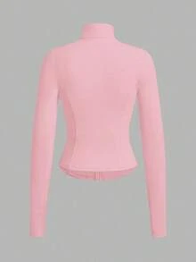 Chaqueta de manga larga de punto ajustada con protección solar para mujer en otoño/invierno, color albaricoque - Rosa - Ver 2