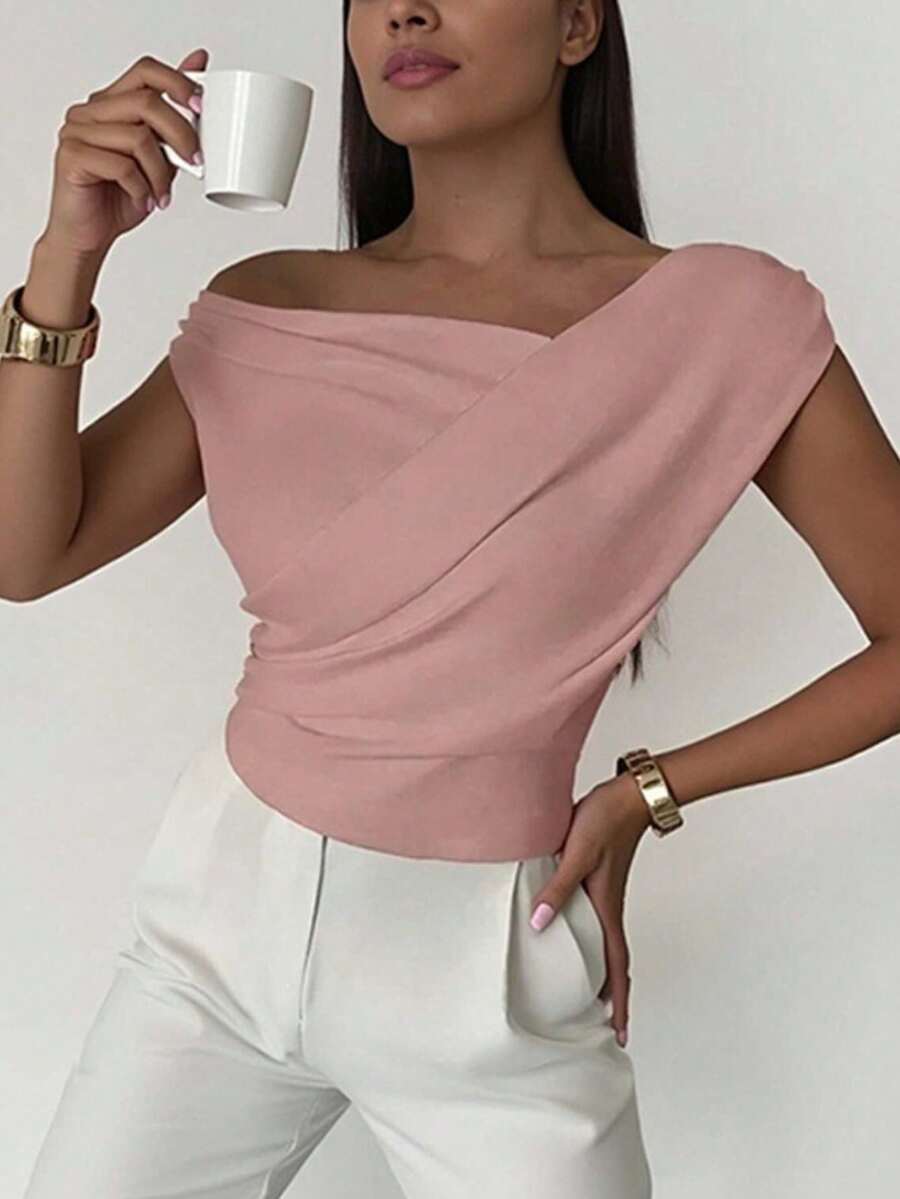 Blusa de primavera 2026, color liso, diseño irregular, estilo casual y versátil - Rosa - Ver 1