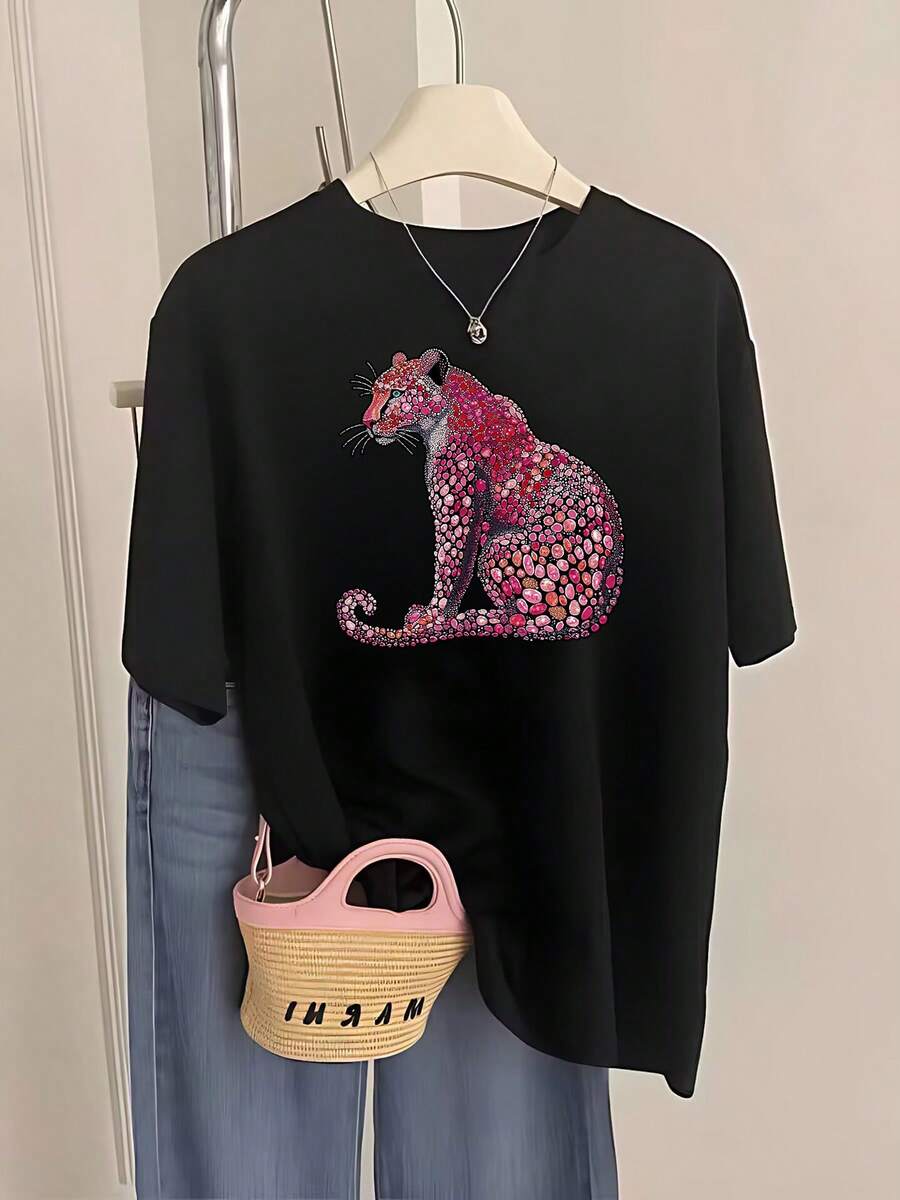 Camiseta de Manga Corta para Mujer con Estampado de Leopardo y Diseños - Blusa Casual de Cuello Redondo para Verano, Gimnasio, Entrenamiento, Fiestas y Atuendos Informales - Lavable a Máquina - Nuevo Estilo 2025 (Compatible con el Nombre del Producto en Chino) - Negro - Ver 1