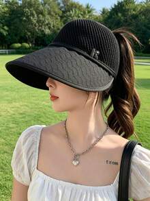 1pc Women's Solid Color Knitted Wide Brim Sun Hat, Breathable Mesh Top For Ventilation, Suitable For Outdoor Activities, Spring/Summer - A - View 2