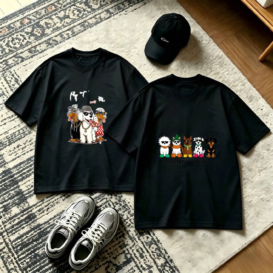 2-Piece Couple Matching Pattern T-Shirt, 100% Cotton, Loose Fit, Soft And Breathable, Casual Round Neck Short Sleeved Top Tequila Bottle With Palm Leaves Aperol Spritz Cocktail Glasses Versatile Patterns No Picky Combinations Coordinated Dating Casual Travel Simple And Cartoonish Printing Styles - 黑色 - 查看 1
