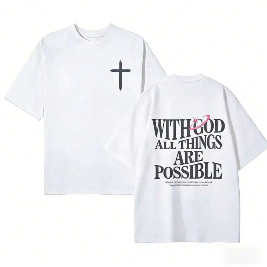 Camiseta gráfica para hombre 'Con Dios todas las cosas son posibles' Mateo 26:41, corte holgado, negra con letras blancas, ropa casual, tela de alta calidad para el verano, excelente regalo para Navidad y Año Nuevo. ZZRT - Blanco - Ver 1