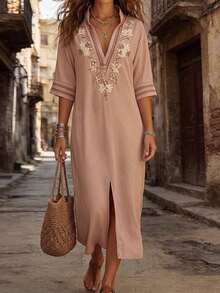 Vestido largo de mujer de cuello en V sólido rosa con estampado bordado, vestido midi elegante de corte holgado con estampado bordado, bajo con abertura lateral, adecuado para la playa, uso casual, ir al trabajo, uso diario, nueva llegada de verano - Rosa - Ver 1