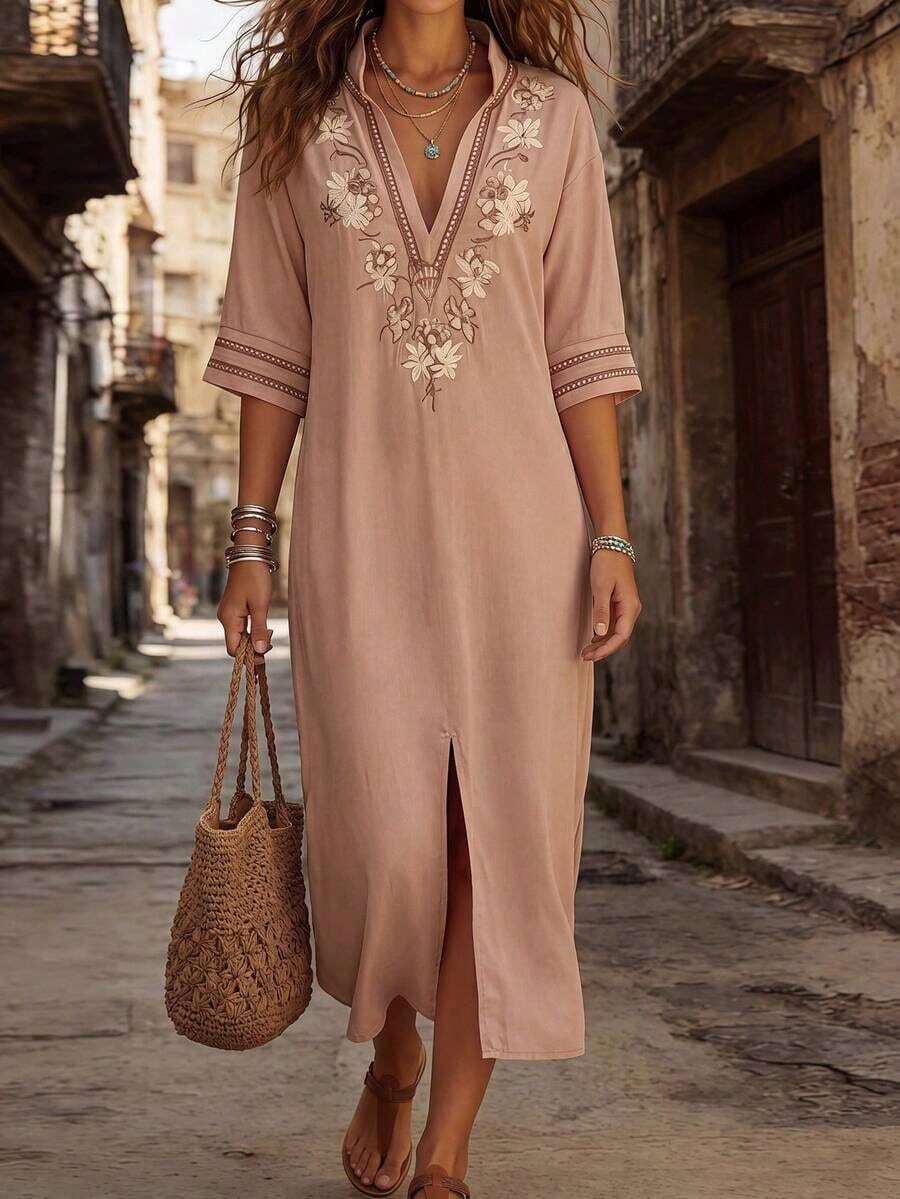 Vestido largo de mujer de cuello en V sólido rosa con estampado bordado, vestido midi elegante de corte holgado con estampado bordado, bajo con abertura lateral, adecuado para la playa, uso casual, ir al trabajo, uso diario, nueva llegada de verano - Rosa - Ver 1