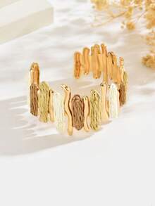 1pc Bohemian Vacation Style Gold Patchwork Contrast Color Raffia Open Wide Cuff Bracelet, Suitable For Women's Daily Wear, Vacation, Travel, Atmosphere Accessory - Mixed Coffee - View 5