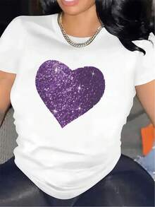 MexicanPlus Plus Size Short Sleeve T-Shirt With Purple Glitter Heart Print - Lightweight Casual Crew Neck Blouse | Suitable For Home, Restaurants, And Casual Wear | Machine Washable Opaque Shirt For Spring/Summer | Durable And Comfortable Everyday Outfits | Cotton T-Shirt | Summer Fashion - 白色 - 查看 12