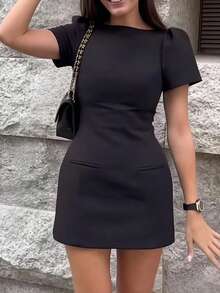Vestido corto liso primavera 2026, cuello redondo con bolsillos estilo casual - Negro - Ver 1